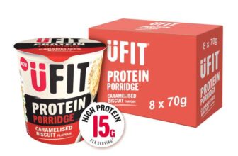 UFIT Caramelised Biscuit Protein Porridge Pots Pack of 8 x 70g Healthy Instant Breakfast High Protein Oats On-the-Go Meal (w/voucher)