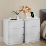 VASAGLE Bedside Tables with Power Strip, Set of 2 Side End Tables with Drawers, 2 AC Out LETs, 2 USB Ports