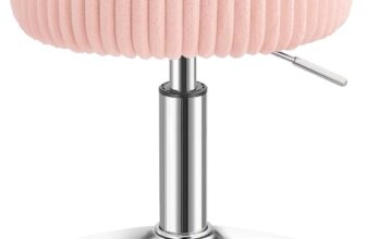 VASAGLE Dressing Table Stool, Height Adjustable Makeup Vanity Stool, 360 Swivel, Short Pile Plush Fabric Upholstery, Thick Cushion, for Bedroom, Kitchen, Dining Room, Island, Pink LJB128S101