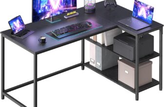 VASAGLE L Shaped Corner Desk, Computer Gaming Desk with Storage, Reversible Height-Adjustable Shelves, for Home Office, 120 x 80 cm, Ebony Black LWD136BE01