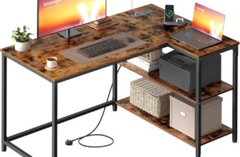 VASAGLE L Shaped Corner Desk, Computer Gaming Desk with Storage, Reversible Height-Adjustable Shelves, for Home Office, with Power Outlets 2 USB Ports, 110 x 80 cm, Rustic Brown LWD131KD02