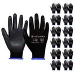 Velway 12 Pairs Work Gloves PU Coated for Men Women, Black, Size 10
