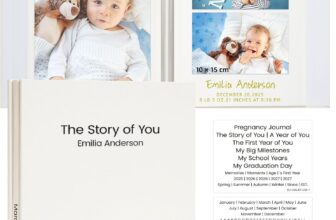Vienrose Baby Self Adhesive Photo Album 20 Sheets with Crystal Sticker Text Crystal Stickers Included, Linen Cover, Fits 4X6 8X10 Photos, Diy Memory Book