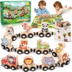 WEARXI Toys for 1 2 3 Year Old Boys Girls, Natural Wooden Toys Train Set Montessori Toddler Baby Kids Toys for 1 2 3 Year Old Boys Girls Birthday Gifts Party Bag Fillers, Farm Animals Track Mat Set