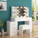 White large Dressing Table with Mirror and Stool,Modern Vanity Makeup Table Desk with 3-Mode LED Lights,5 Drawers & 6 Shelves,Modern Design for Girls Bedroom