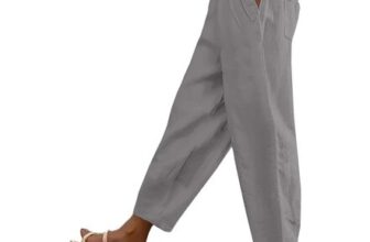 Women Cotton Linen Palazzo Trousers with Pockets, Dark Grey