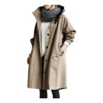 Women Mid-Length Hooded Waterproof Rain Trench Coat with Button Front