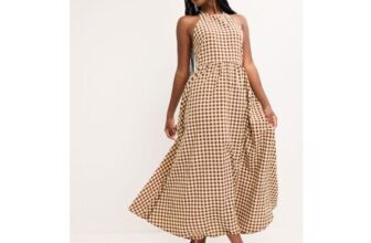Womens Brown Gingham Halter Neck Midi Dress