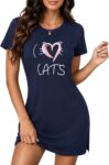 Womens Long Nightdress Short Sleeve Cotton Nighties for Ladies Crew Neck Nightshirt with Heart Print Soft Loose Loungewear Sleepwear