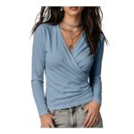 Womens Long Sleeve Surplice Wrap V-Neck Cropped Blouse