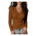 Womens Long Sleeve Surplice Wrap V-Neck Cropped Blouse Ruched Front