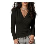 Womens Long Sleeve Surplice Wrap V-Neck Top Ruched Front