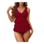 Womens One-Piece Padded Swimsuit, Tummy Control, V-Neck, Ruffled, Wine XL