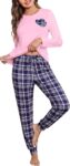 Womens Pyjamas Ladies Cotton Pjs Sets Soft Long Sleeve with Check Pants