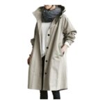 Womens mid Long Hooded Waterproof Button Front Rain Trench Coat