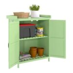 Wooden Garden Storage Shed w/Hinged Roof and Shelf, Light Green