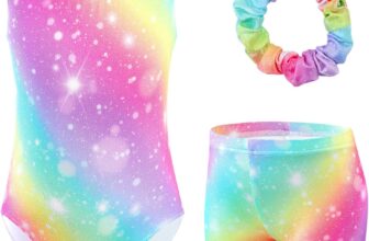 XiaoMoSha Girls Three-Piece Gymnastics Leotards Set Sleeveless Leotards with Shorts and Hairband Sparkly Gradient Color Ballet Dance Unitards Gymnastics Outfits for Kids 3-12 Years