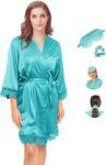 Y WJing Yi Jia Women Silk Robes Ladies Lace-Trim Bridesmaid Satin Robe for Wedding Party with satin eye masks and scrunchies 3 In 1 Set Sleepwear