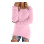 YGERGWE Pink Women Longline Fluffy Knit Crew Neck Sweater