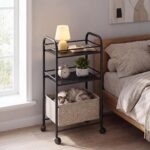 YITAHOME bedside table with wheels, Trolley coffee table with Fabric Basket, Storage for Sofa Bedroom Living Room Office, Modern Style, Black