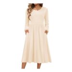 Zeagoo Womens Casual Knit Midi Dress Long Sleeve Beige XL