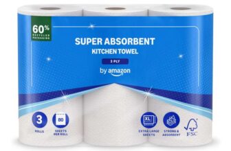 by Amazon Super Absorbent Kitchen Towel, 3-ply, 3 Rolls (1 Pack of 3), 80 Sheets per Roll £3.17 s&s