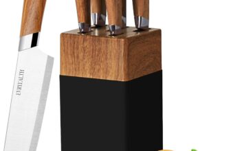 lapelux Knife Set – 5 Piece Kitchen Knife Set with Block, Wood Grain Handle, Stainless Steel Kitchen Knives with Chef, Bread, Slicer, Utility, Paring Knife for Cutting Meat/Vegetables/Fruit.