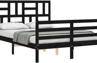 vidaXL Bed Frame, Bed Base with Headboard, Bedstead for Bedroom Living Room, Mattress Foundation with Storage, 120×200 cm Black Solid Wood