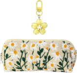 1 Cute Pencil Case with 1 Yellow Flower Pendant, 1967cm, 7.482.362.75in, Floral Daisy Embroidered Fabric Makeup Bag, Portable Cosmetic Pouch for Girls and Women, 2 Pcs