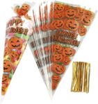 100Pcs Pumpkin Cone Bag Halloween Clear Cellophane Treat Bags, Party Favor Bags with Gold Twist Ties for Candy Cookies