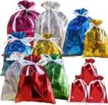 12 Pack Solid Color Foil Gift Bag Multipack Drawstring Gift Bags,6 Color Shimmer Wrapping Bags,Jumbo Xmas Bag,Reusable Large Christmas Foil BagsGift Wrapping Bagfor Presents Birthday Wedding Party