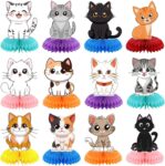 12 Pieces Cat Birthday Party Decoration Honeycomb Table Centerpieces Kitten Table Ornaments Feline Table Decor 3D Double-Sided Kitten Adornments