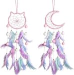 2 Pack Dream Catcher for Girls, Handmade Feather Wall Hanging, Owl & Moon Boho Decor, Kids Room Accessories, Pink Purple Bedroom Gift