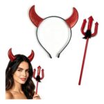 2 Pcs Red Devil Horns Headband & Pitchfork Costume Accessories