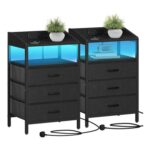 2-Piece Bedside Tables with Charging Station & LED Light, Black