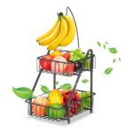 2-Tier Fruit Rack with Banana Hook, Metal Desktop Organizer (Black)