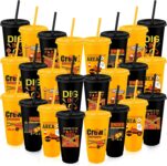 24 Pack Kids Cups, Plastic Cups with Lids and Straws, Construction Theme