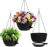 25.4cm Hanging Planters for Indoor Outdoor Plants, 3 Pack Plastic Self Watering Hanging Baskets with Drainage Holes and Chain for Garden Porch (Black)