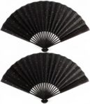 2Pcs Black Folding Hand Fan, 8 Inch Silk Fabric Folding Fan with Gold Splatter, Traditional Chinese Craft Handheld Fan for Weddings, Parties, and Dancing