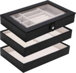 3 Layer Jewellery Trays Stackable Jewellery Organiser Tray with Clear Lid, Jewellery Display Tray for Drawer Large Jewellery Box for Dressing Table (black, 3 layer attach the lid)