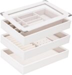 3 Layer Jewellery Trays Stackable Jewellery Organiser Tray with Clear Lid, Jewellery Display Tray for Drawer Large Jewellery Box for Dressing Table (white, 3 layer detach the lid)