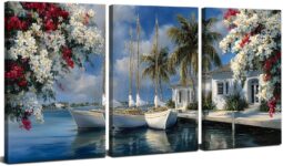 3 Piece Abstract Coastal Wall Art Nature Seaside House Pictures Bathroom Wall Decor Tropical Blossom Flowers Paintings Watercolor Sailing Boat Posters Canvas Prints Nautical Artwork Decorations 12×16