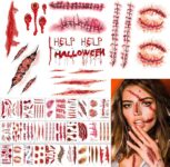 30Sheets Halloween Scar Tattoos, Waterproof Zombie Tattoo Makeup Scar Stickers Vampire Bite Tattoos, Halloween makeup accessories for men and women