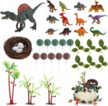 36PCS Dinosaur Cake Toppers Set with Eggs Trees Leaves and Foam Balls