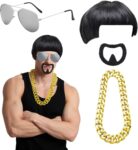 4 Pcs Ibiza Final Boss Costume Accessory Set, 60s 70s 80s Funny Bowl Cut Wig, Fake Goatee Beard, Gold Thick Chain, Silver Glasses, Mushroom Wig, for Movie Role Play, Cosplay Halloween