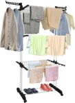 4-Tier Clothes Drying Rack with Foldable Wings & Wheels, Large Capacity Laundry Rack with Brake Casters, Collapsible Stainless Steel Garment Dryer Rack for Indoor Outdoor Laundry Room, Black