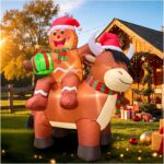 5.8FT Christmas Inflatable Highland Cow, Cute Blow Up Highland Cow with Santa Hat, Playful Gingerbread Man Holding Gift Box Riding on Cow Back for Indoor Outdoor Yard Lawn Garden Holiday Party Decor
