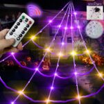 5Ft Giant Spider 20 17FT Halloween Spider Web 150 Led Purple Lights Light Up Lighted TriangularBattery Operated Waterproof with 200sqft Cobweb and 20 Small Spiders for Indoor and Outdoor Decor