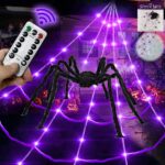 5Ft Giant Spider 2017FT Halloween Spider Web 150 Led Purple Lights Light Up Lighted TriangularBattery Operated Waterproof with 200sqft Cobweb and 20 Small Spiders for Indoor and Outdoor Decor