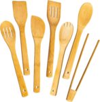 7-Piece Wooden Spoons for Cooking, Natural Wooden Cooking Utensils Set with Spoons, Spatula and Kitchen Tongs, Premium Kitchen Nonstick Utensils Set for Home, Apartment